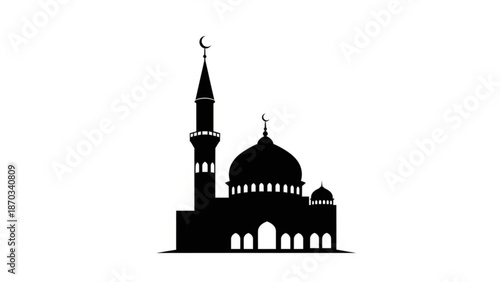 A serene silhouette of a mosque with minarets and domes against a white background representing faith and spirituality in a simple yet powerful graphic design