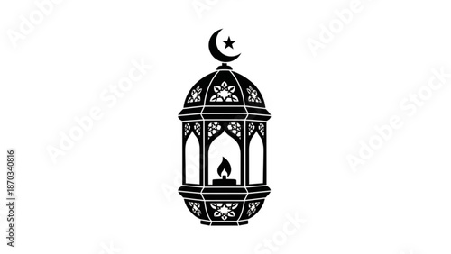 Islamic lantern with crescent moon and star on top with candle inside decorative metalwork with Ramadan and Eid celebration and festive icon