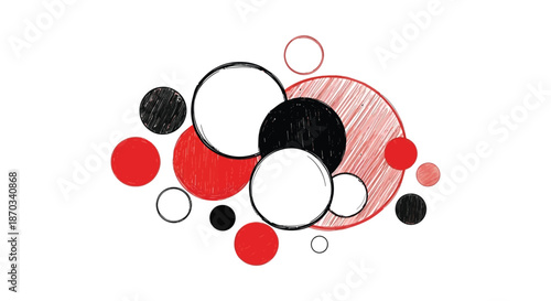 Abstract arrangement of overlapping circles in red black and white silhouette