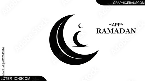 Happy ramadan greeting card with crescent moon symbol on white background with Islamic greeting and Eid Mubarak and Islamic art and Muslim holiday