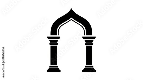 A black silhouette of an arched doorway with two columns on a white background with archway and architecture and design and icon and graphic