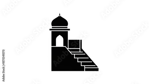 Black silhouette of a mosque with a dome and stairs leading up to an arched entrance on a white background with islamic and architecture and religious