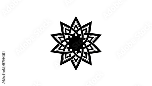 Intricate black and white mandala design with geometric patterns and symmetrical floral motifs on a clean white background with symmetrical design