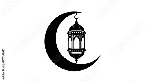 Black silhouette of a lantern hanging from a crescent moon on a white background for islamic or ramadan designs and celebrations with graphic