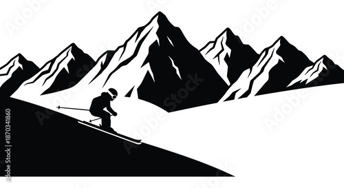 A lone skier descends a mountain slope in a striking black and white silhouette