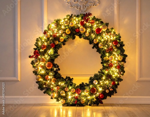 Illuminated Christmas wreath with gold and red ornaments against a decorative wall