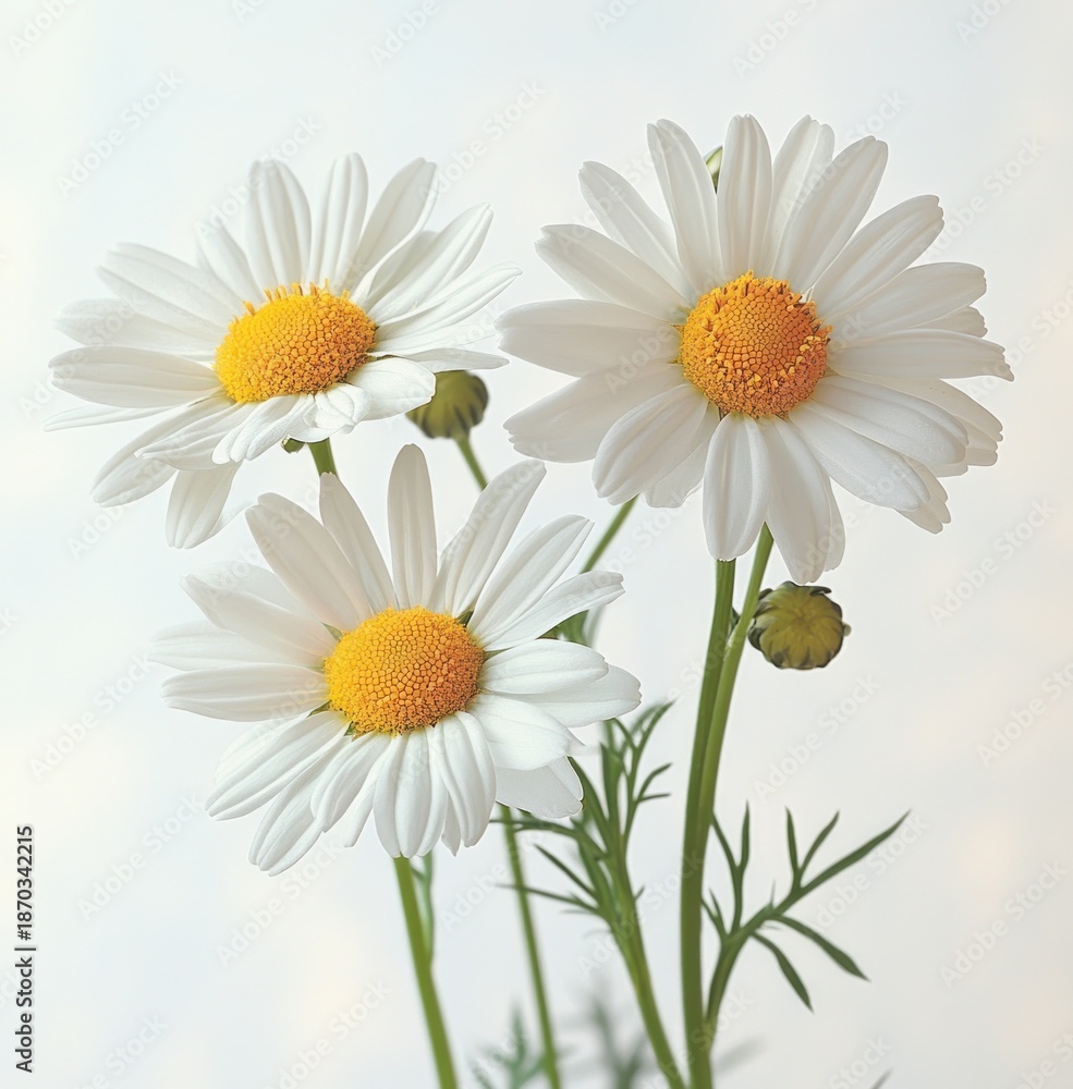 Fototapeta premium Three white daisies with bright yellow centers and two small buds on slender green stems and feathery leaves against a soft pale background, evoking fresh gentle cheerful calm
