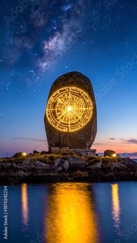 Illuminated stone monolith with complex circular design under a starry night sky