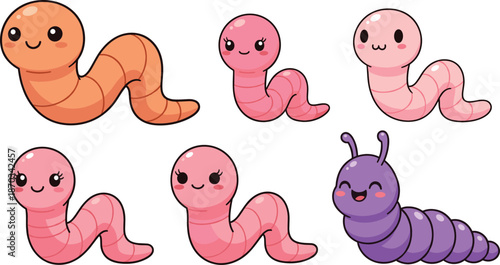 Cute Kawaii Worm and Caterpillar Character Set Smiling Cartoon Insect Vector Illustration Collection