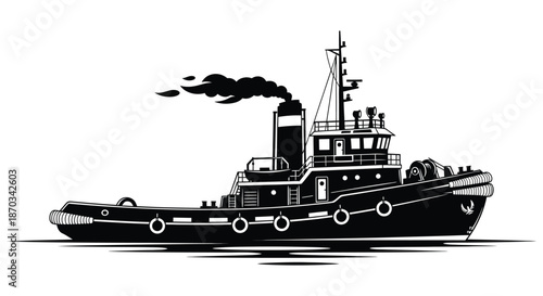 A detailed black and white illustration of a tugboat with smoke a striking silhouette