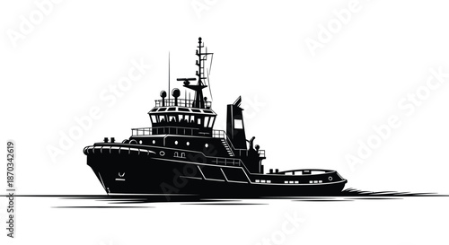 Detailed black silhouette of a powerful tugboat sailing on calm waters