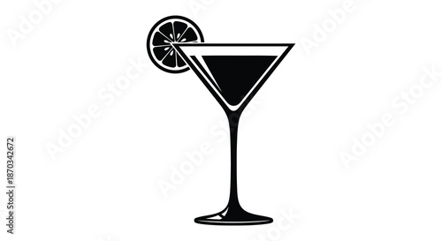 A classic martini glass with a lemon slice depicted in a striking black silhouette