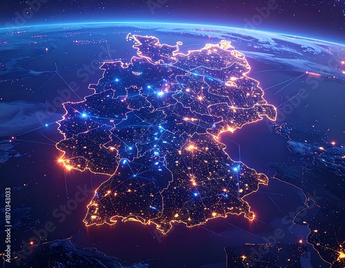 Illuminated stylized map of Germany on a glowing world at night, network connections