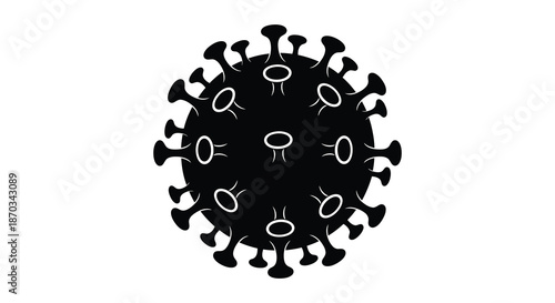 Detailed black coronavirus structure with circular openings and spikes a striking silhouette