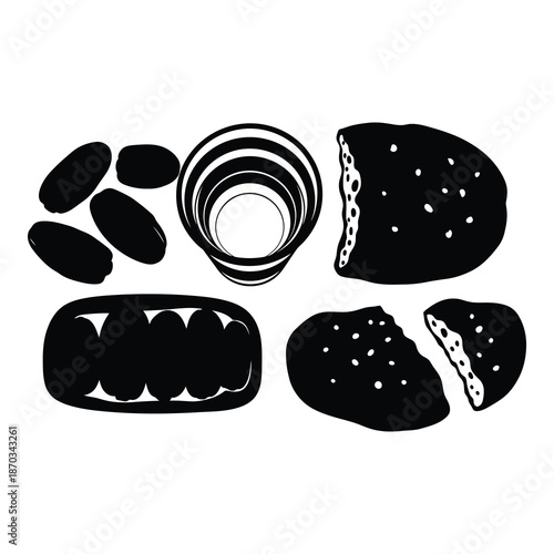 Black silhouette graphic represents various abstract food items and a swirling vortex for conceptual dietary design.