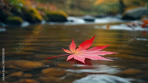Red leaf floating on river water.