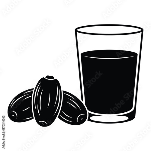 Simple graphic representation shows three whole dates resting next to a glass filled with a dark beverage.