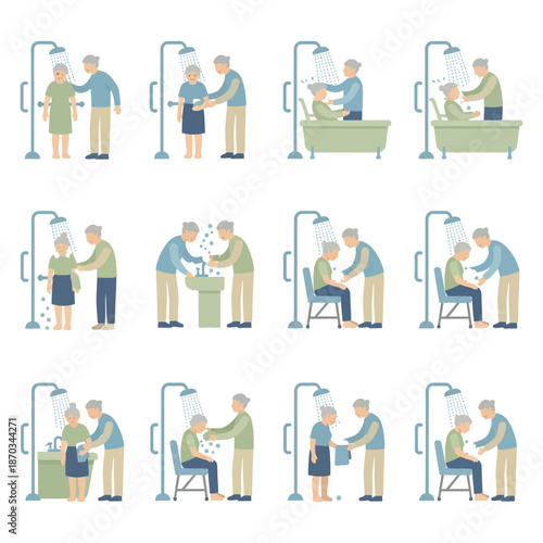 Geriatric Bathing and Hygiene Assistance Illustration Set, Professional Caregivers Helping Seniors with Showering and Daily Personal Care Tasks