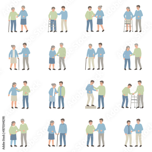 Senior Mobility and Walking Support Illustration Set, Professional Caregivers and Companions Helping Elderly People with Exercise and Daily Movement