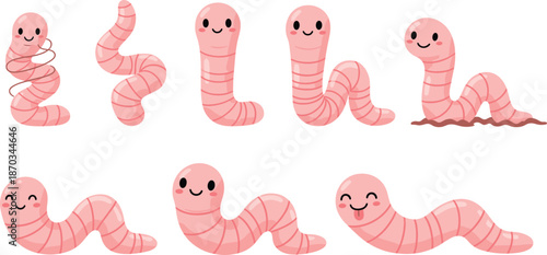 Cute Pink Worm Character Set with Different Poses Smiling Cartoon Animal Vector Illustration Collection