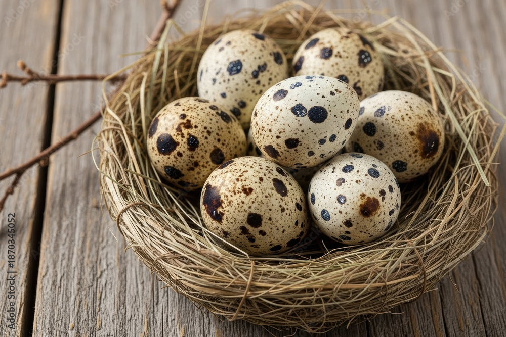 Obraz premium Quail eggs nestled in rustic bird nest made of dried grass