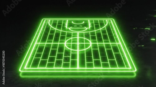 Glowing neon green basketball court design in the dark, with a matching orb