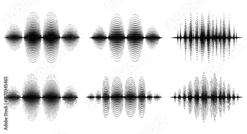 Variations of sound wave patterns displayed as dark shapes against a white background silhouette