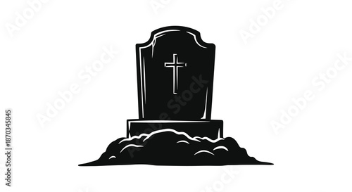 A darkly shaded tombstone graphic with a cross resting on a mound of earth silhouette