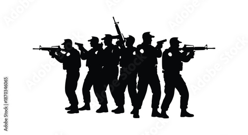 Group of armed soldiers in formation weapons raised a striking black silhouette