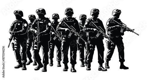 A group of armed soldiers stands in formation a striking black and white silhouette