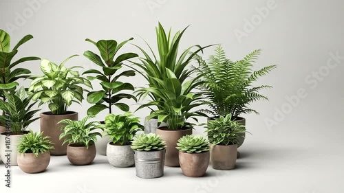 Lush indoor plant arrangement showcasing various greenery in decorative pots against a neutral backdrop
