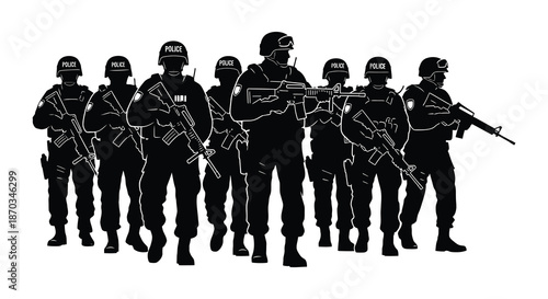 A line of soldiers in uniform standing at attention a striking military silhouette