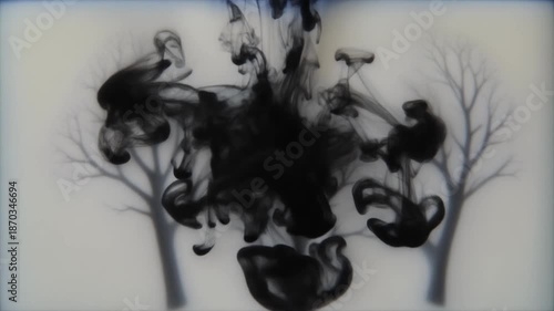 Silhouette trees with ink splatter art.