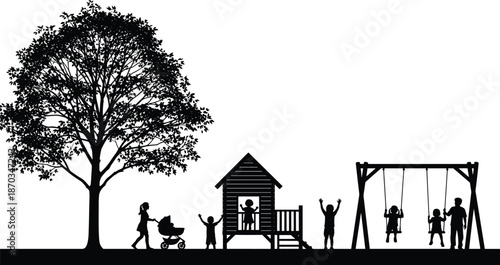 Family playground park silhouette scene, children playing on swings and playhouse, parents walking with stroller, tree landscape, black vector illustration