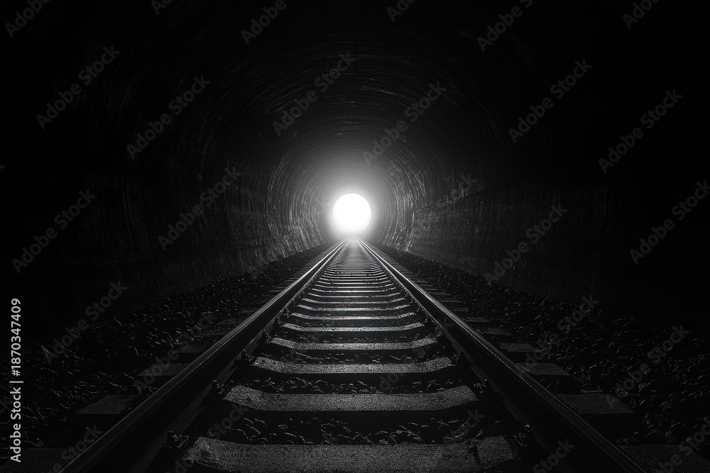 Fototapeta premium railway tracks leading through a dark tunnel toward a bright distant light, evoking hope and mystery
