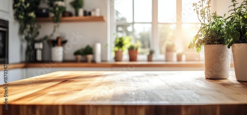 Sunlit wooden kitchen countertop with potted herbs and windowsill plants, warm inviting morning light and cozy home atmosphere