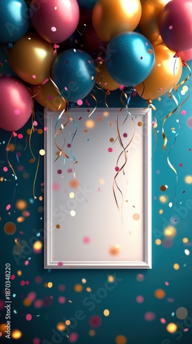 blank white framed poster surrounded by colorful metallic balloons, curling ribbons and falling confetti creating a joyful festive celebration atmosphere