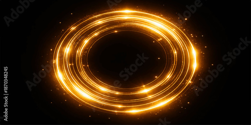 Abstract golden background with glowing stars, energy, and a bright ring design