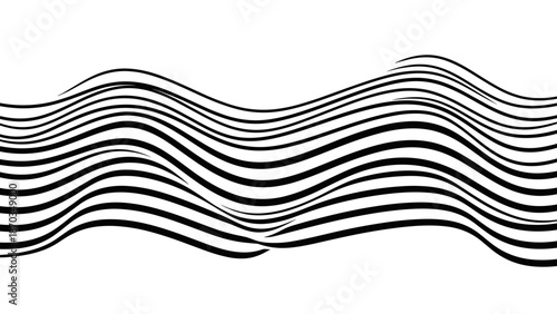 An intricate abstract pattern of horizontal black lines gracefully undulates across a clean white background.