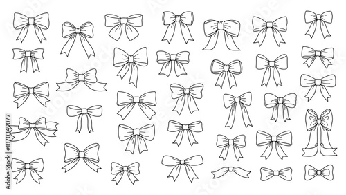 An extensive array of elegant outlined bows in various shapes and sizes, suitable for themes of gifts, celebrations, fashion, and decorative ornaments.