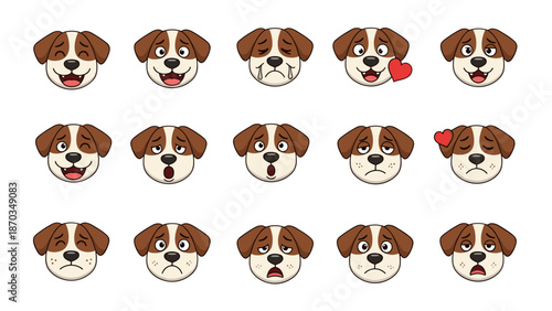 A charming grid of dog emoji faces displaying a wide range of emotions, perfect for conveying feelings and expressions in a fun and friendly way.