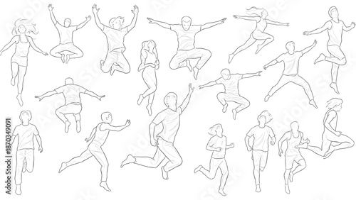 A dynamic collection of outlined figures depicting people in various joyful jumping poses, symbolizing freedom, happiness, energy, and excitement in life.