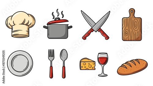 A diverse set of eight essential kitchen and cooking icons, representing culinary tools, ingredients, and dining elements for food-related themes.