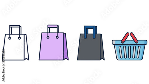 A clear visual set of four distinct shopping icons, featuring various styles of shopping bags and a practical shopping basket.