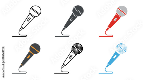 A set of six distinct vector microphone illustrations showcasing both monochrome line art and vibrant colorful flat designs.