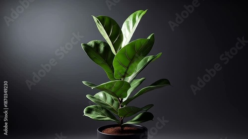 A vibrant indoor plant thriving in a sleek black pot, illuminated against a dark background, enhancing decor
