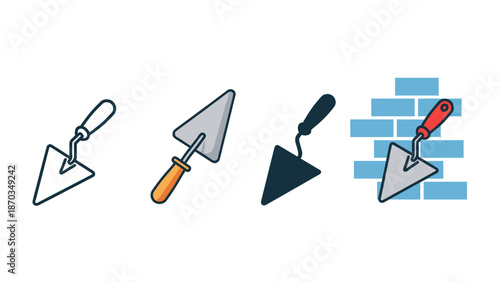 A practical set of construction trowel icons, depicting tools essential for masonry, building, and repair work.