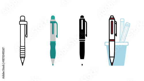 A simple yet versatile collection of pen icons, representing writing, drawing, and essential office stationery.
