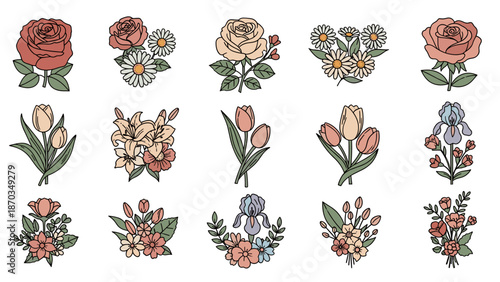 A vibrant collection of hand-drawn flower bouquet icons, showcasing various blossoms and floral arrangements for special occasions.