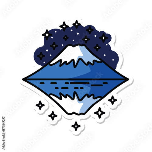 A blue and white mountain under a starry night sky